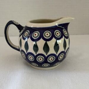 Boleslawiec Polish Pottery Peacock Eye Creamer Pitcher Blue Green Hand Made Y6